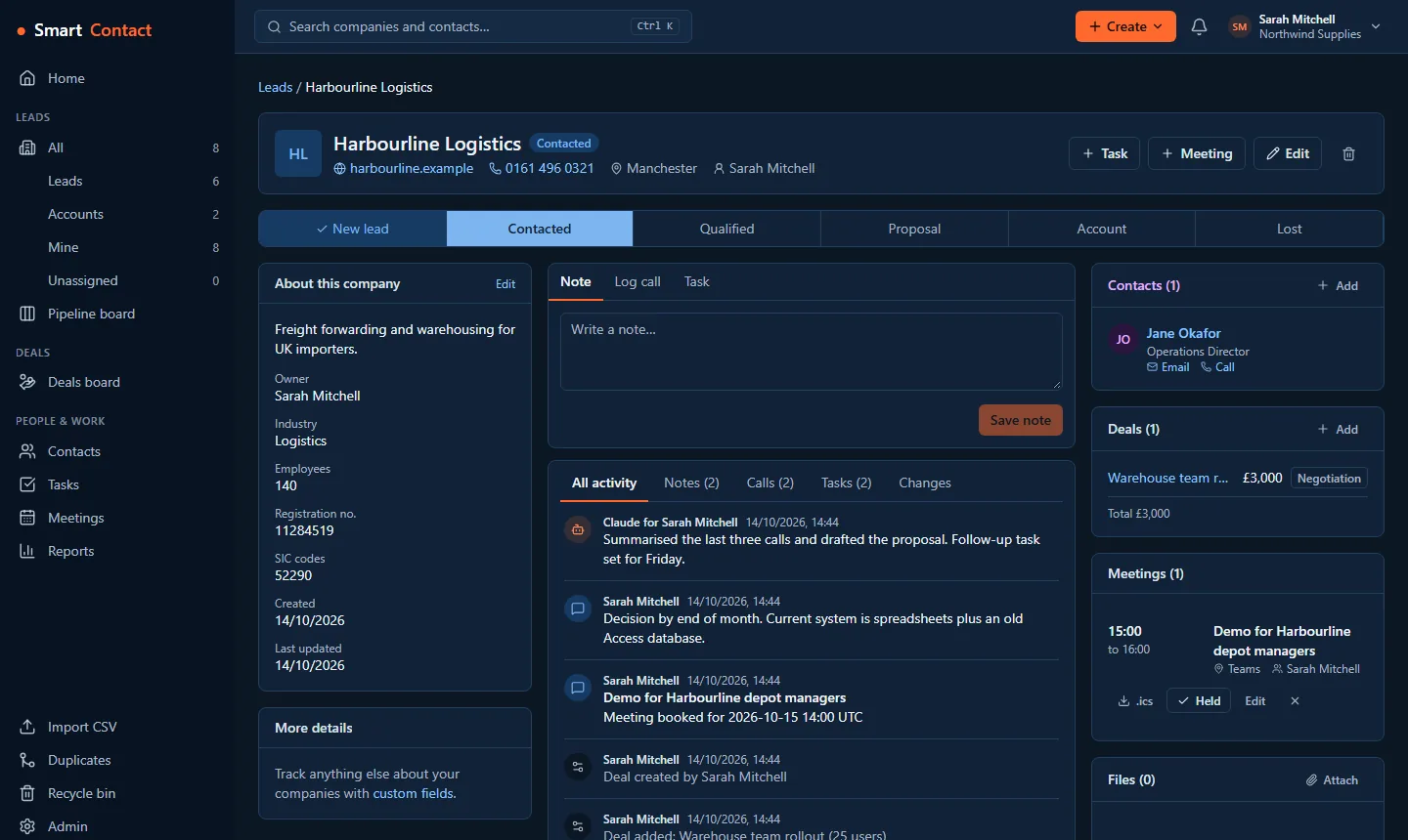 A SmartContact company record with its timeline of calls and notes.
