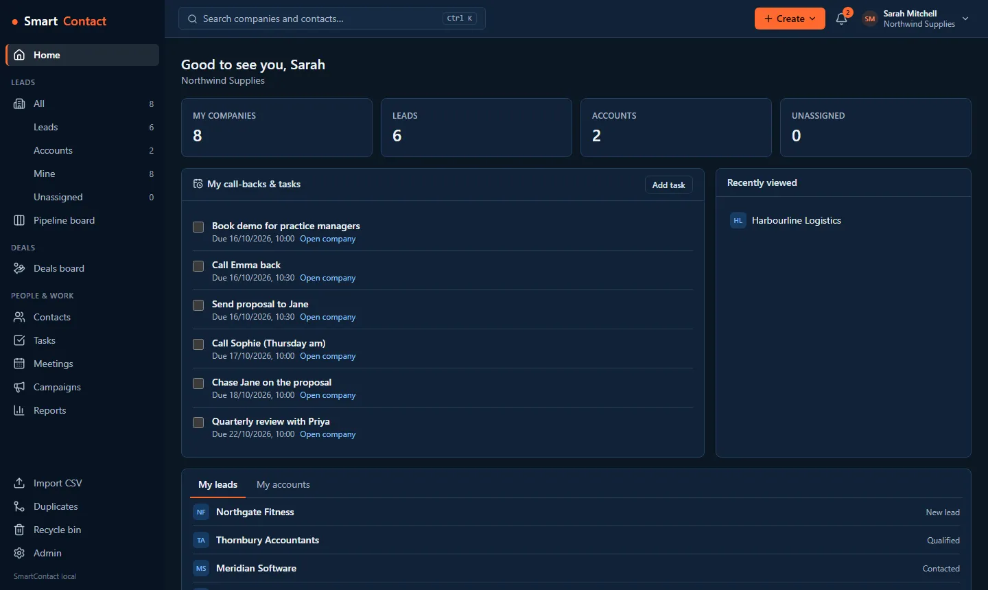 The home page: counts of companies, leads and accounts, and today's call-backs and tasks.